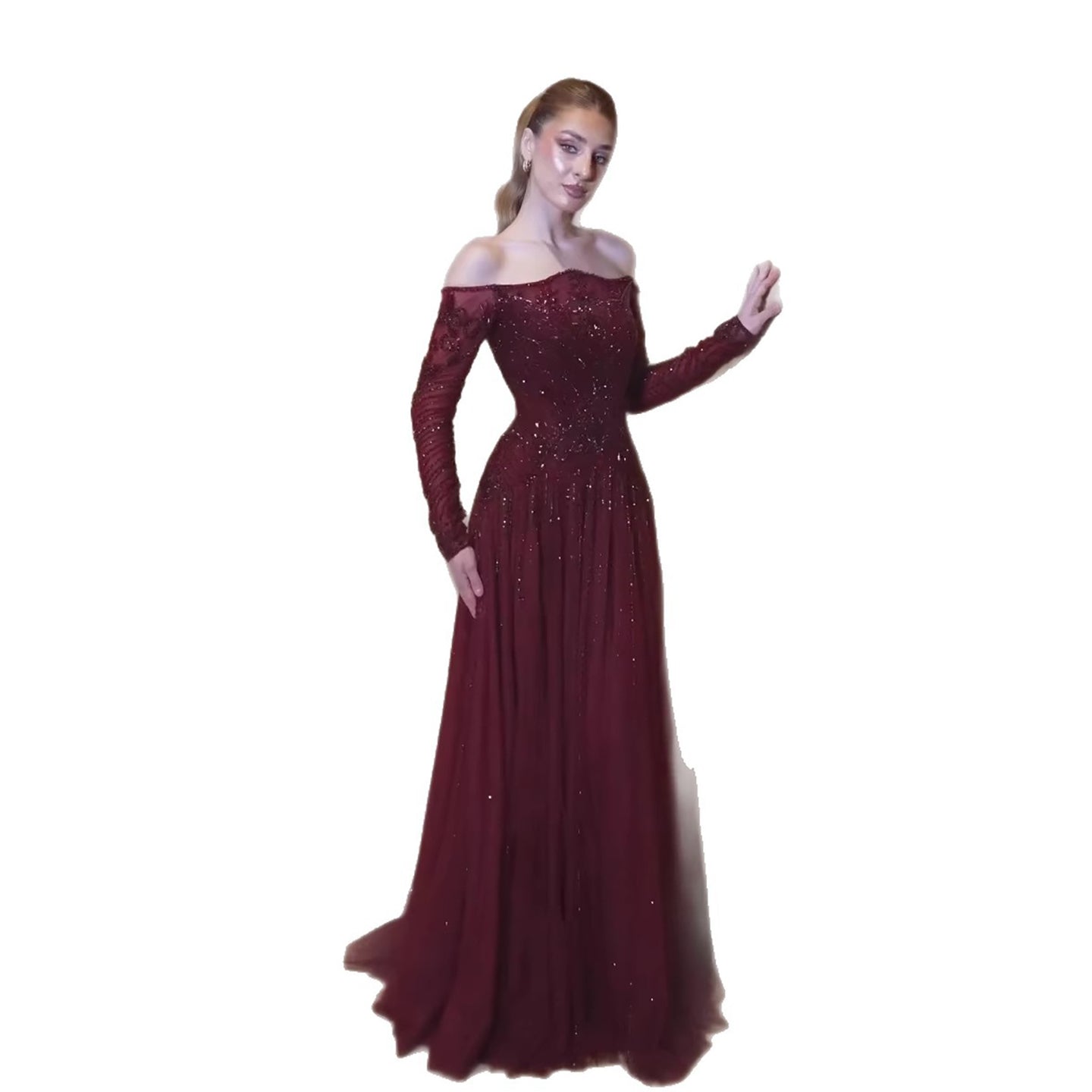 Luxury Wine Red Beaded Off Shoulder Long Sleeve Evening Dress CLA73707