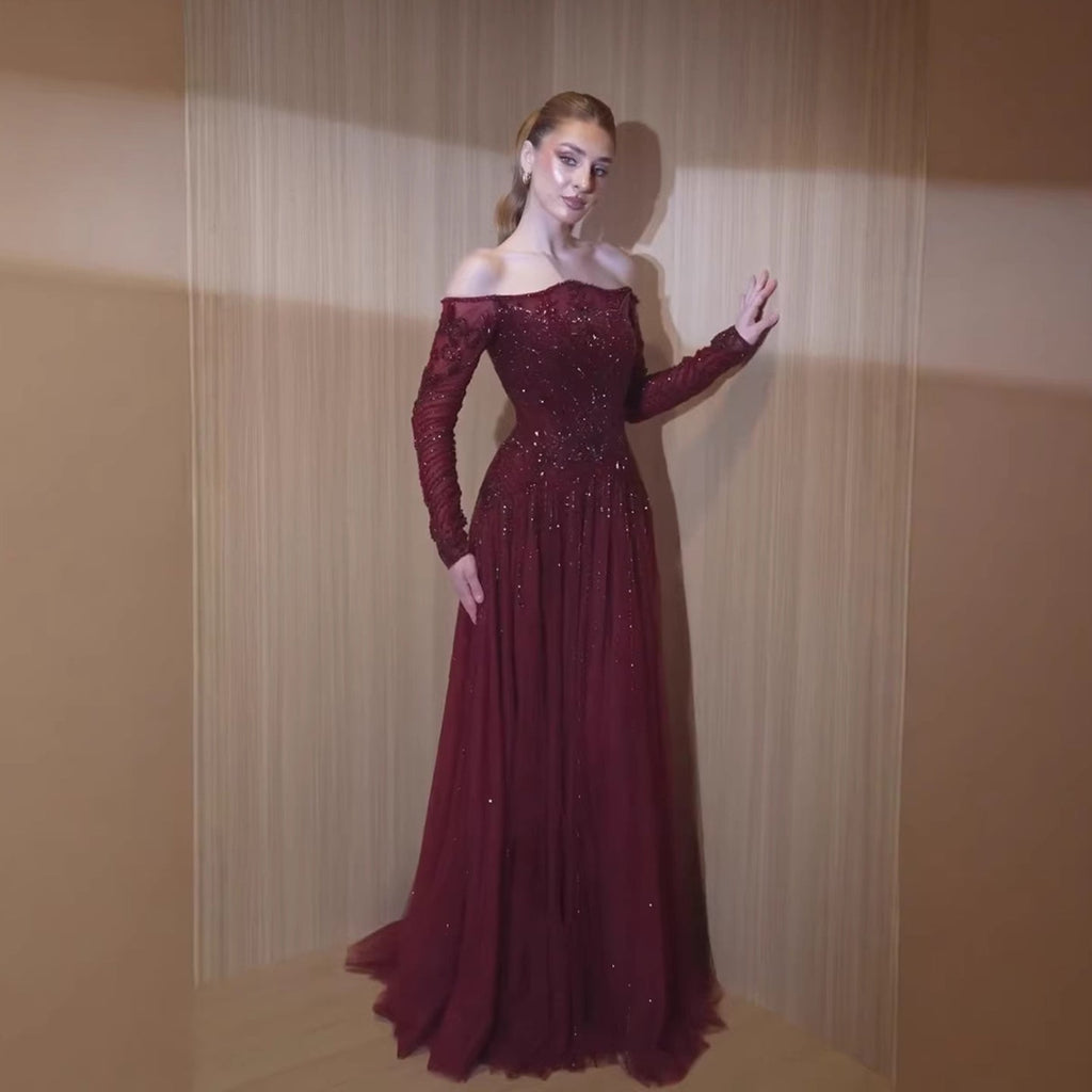 Luxury Wine Red Beaded Off Shoulder Long Sleeve Evening Dress CLA73707