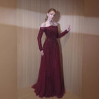 Luxury Wine Red Beaded Off Shoulder Long Sleeve Evening Dress CLA73707