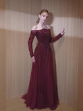 Luxury Wine Red Beaded Off Shoulder Long Sleeve Evening Dress CLA73707