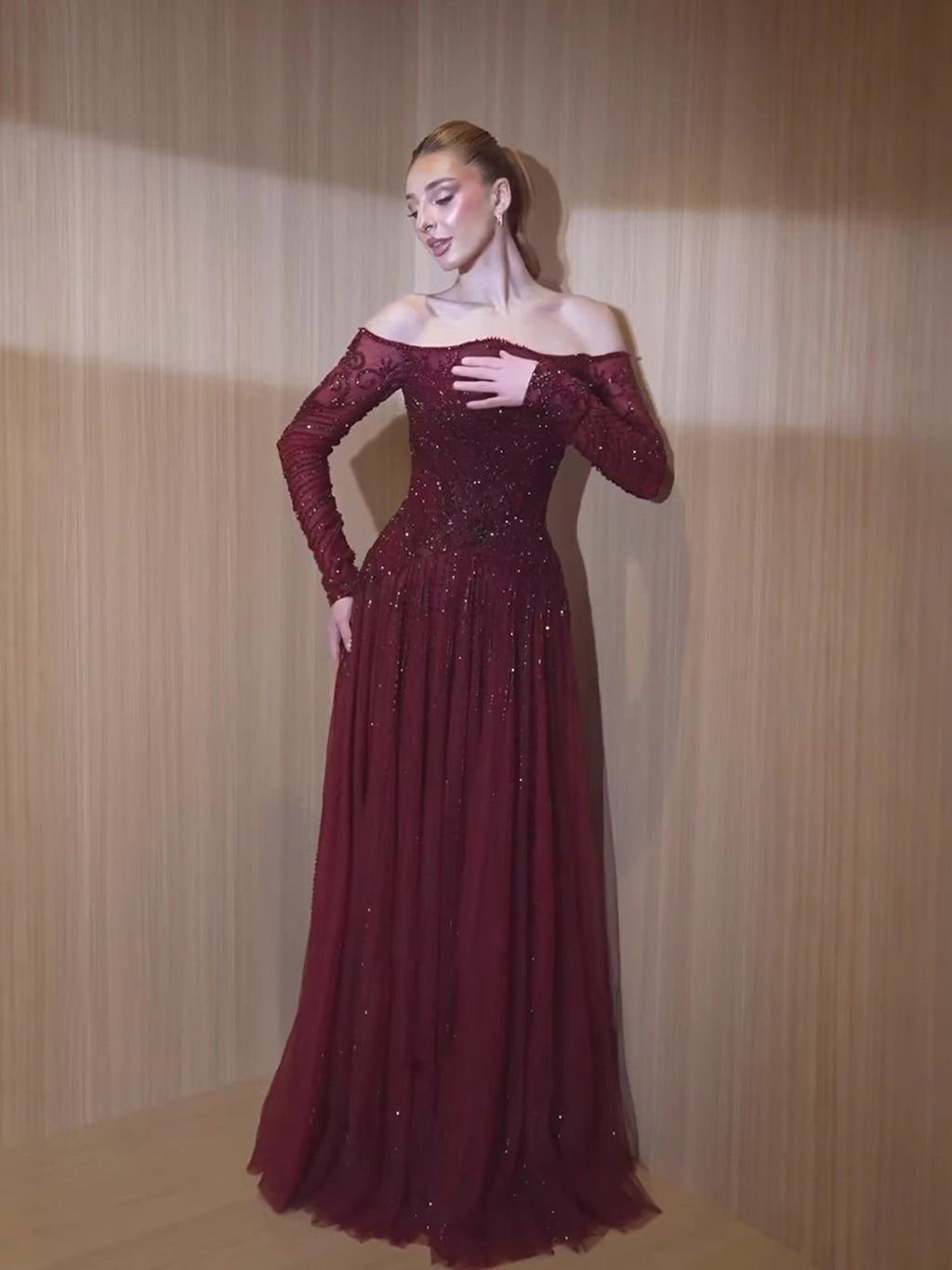 Luxury Wine Red Beaded Off Shoulder Long Sleeve Evening Dress CLA73707