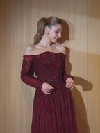 Luxury Wine Red Beaded Off Shoulder Long Sleeve Evening Dress CLA73707
