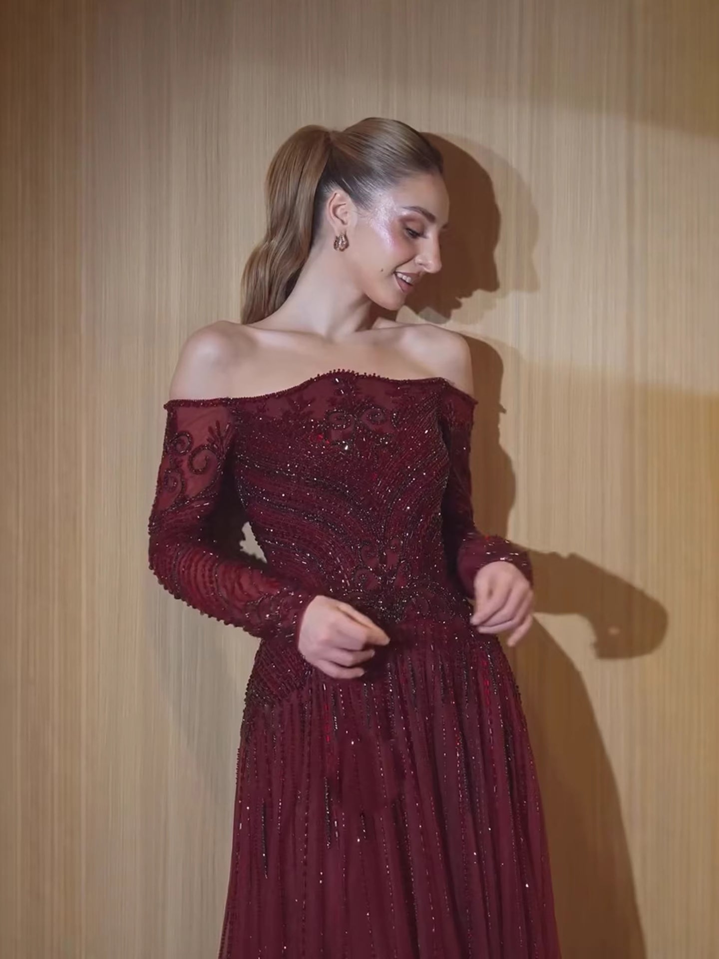 Luxury Wine Red Beaded Off Shoulder Long Sleeve Evening Dress CLA73707