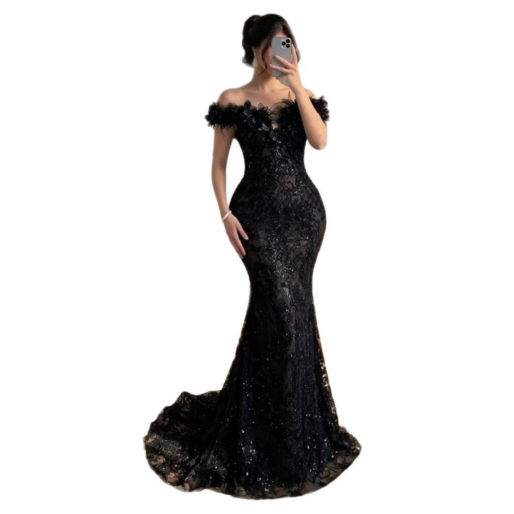 Luxury BCLAck Floral Feather Beaded Mermaid Off Shoulder Evening Dress CLA73708