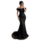 Luxury BCLAck Floral Feather Beaded Mermaid Off Shoulder Evening Dress CLA73708