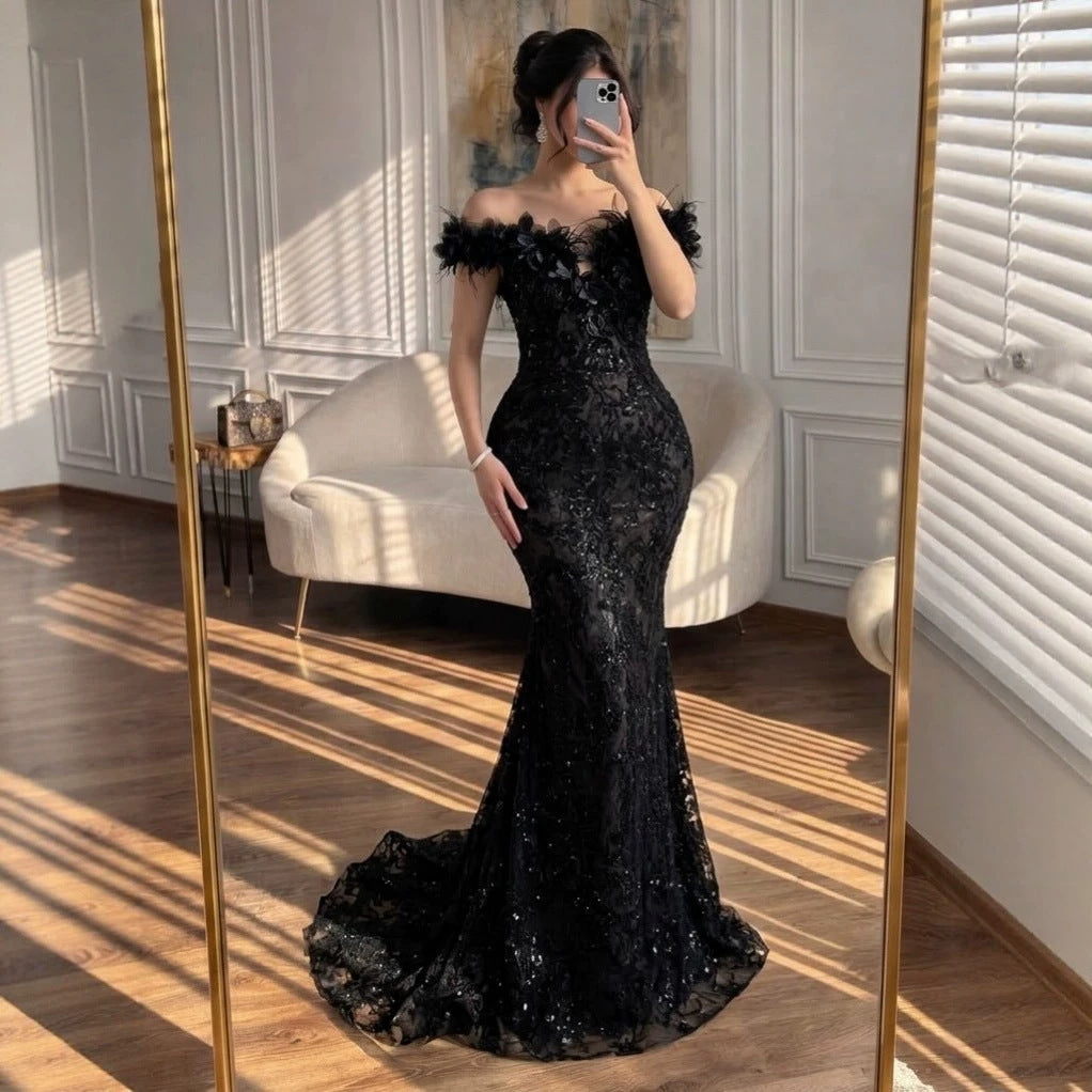 Luxury BCLAck Floral Feather Beaded Mermaid Off Shoulder Evening Dress CLA73708
