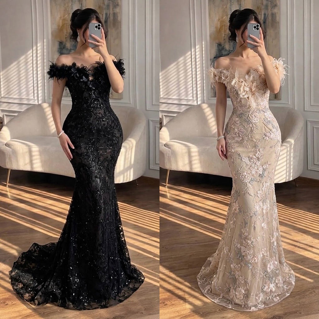 Luxury BCLAck Floral Feather Beaded Mermaid Off Shoulder Evening Dress CLA73708
