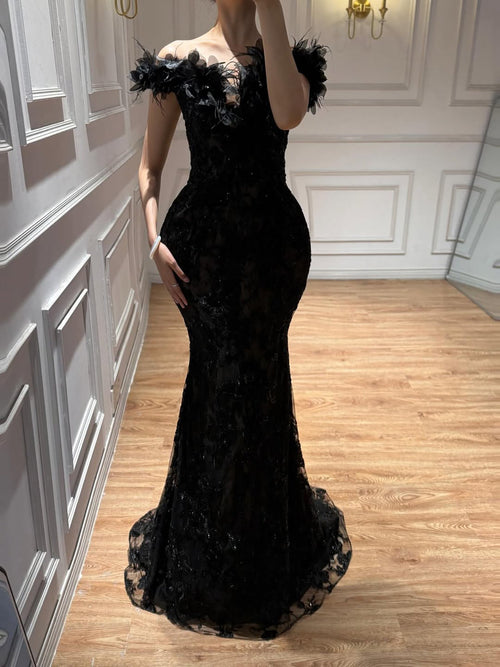 Luxury BCLAck Floral Feather Beaded Mermaid Off Shoulder Evening Dress CLA73708