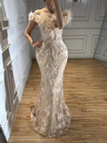 Luxury BCLAck Floral Feather Beaded Mermaid Off Shoulder Evening Dress CLA73708