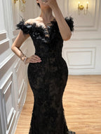 Luxury BCLAck Floral Feather Beaded Mermaid Off Shoulder Evening Dress CLA73708