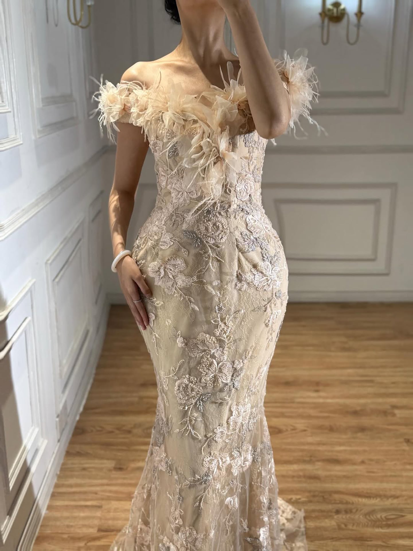 Luxury BCLAck Floral Feather Beaded Mermaid Off Shoulder Evening Dress CLA73708