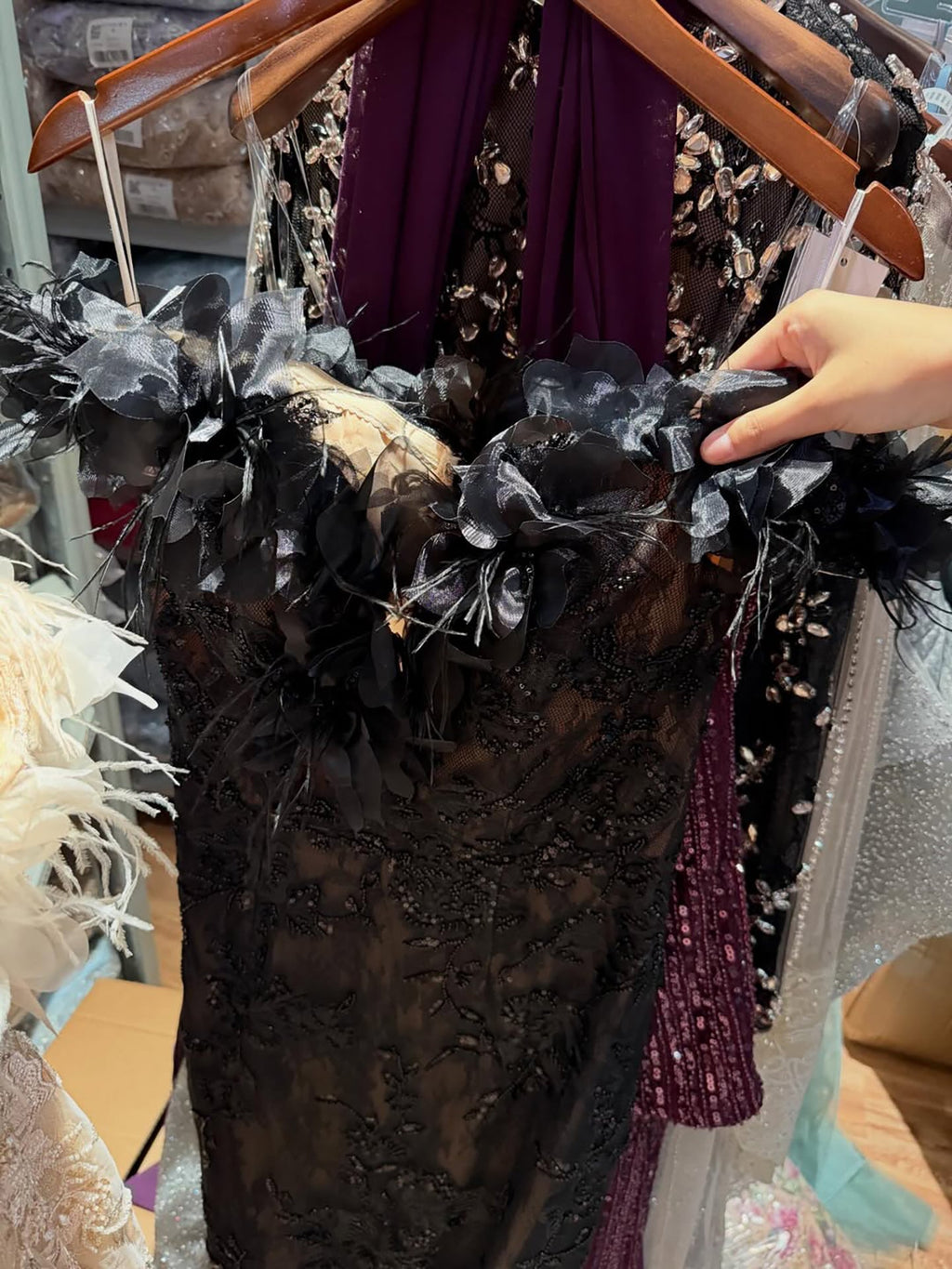 Luxury BCLAck Floral Feather Beaded Mermaid Off Shoulder Evening Dress CLA73708