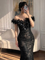 Luxury BCLAck Floral Feather Beaded Mermaid Off Shoulder Evening Dress CLA73708