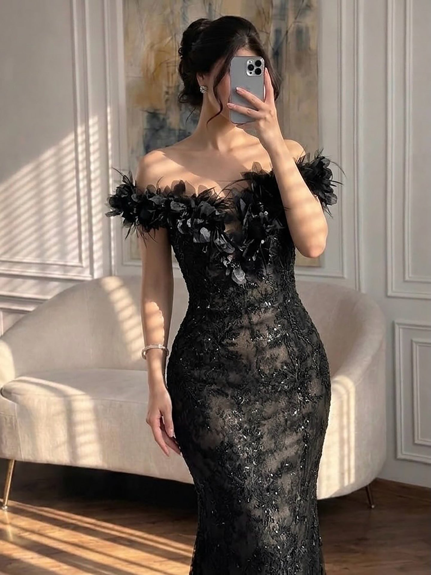 Luxury BCLAck Floral Feather Beaded Mermaid Off Shoulder Evening Dress CLA73708