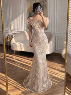 Luxury BCLAck Floral Feather Beaded Mermaid Off Shoulder Evening Dress CLA73708
