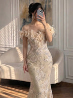 Luxury BCLAck Floral Feather Beaded Mermaid Off Shoulder Evening Dress CLA73708