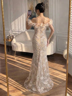 Luxury BCLAck Floral Feather Beaded Mermaid Off Shoulder Evening Dress CLA73708