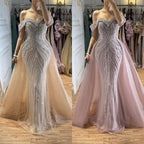 Luxury Nude Crystal Beaded Mermaid Dress with Overskirt CLA73710