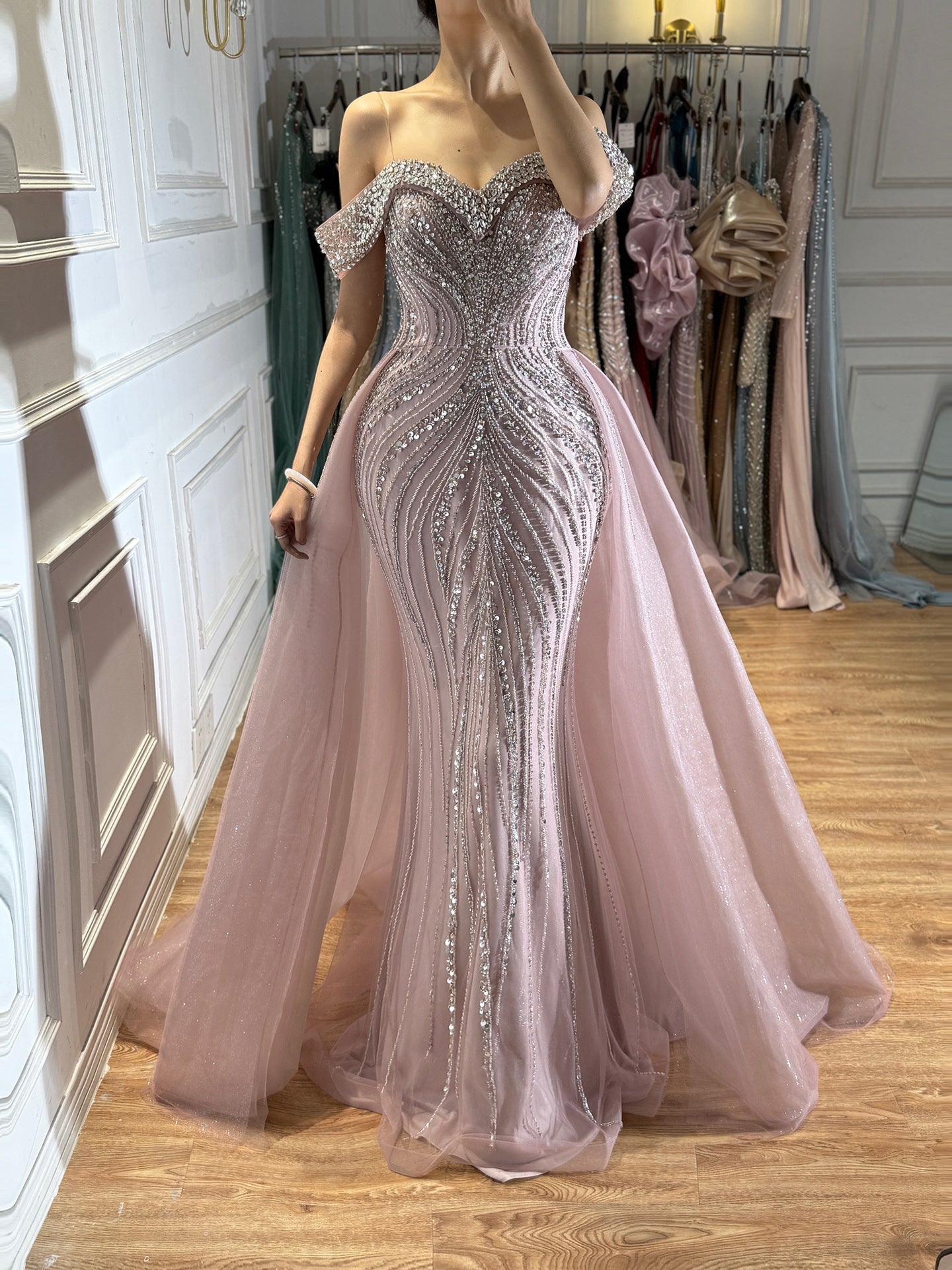 Luxury Nude Crystal Beaded Mermaid Dress with Overskirt CLA73710