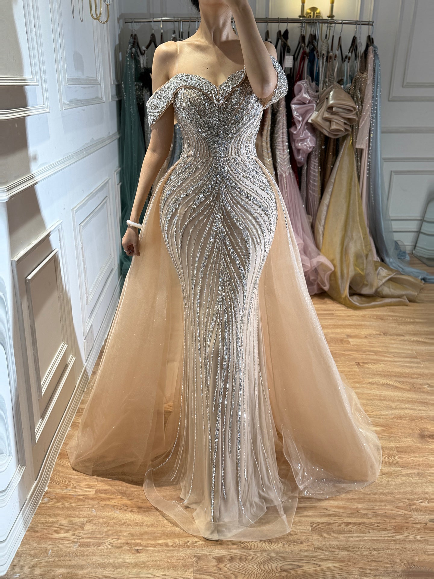 Luxury Nude Crystal Beaded Mermaid Dress with Overskirt CLA73710