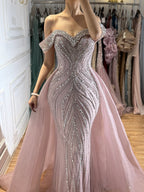 Luxury Nude Crystal Beaded Mermaid Dress with Overskirt CLA73710
