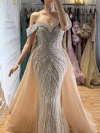 Luxury Nude Crystal Beaded Mermaid Dress with Overskirt CLA73710