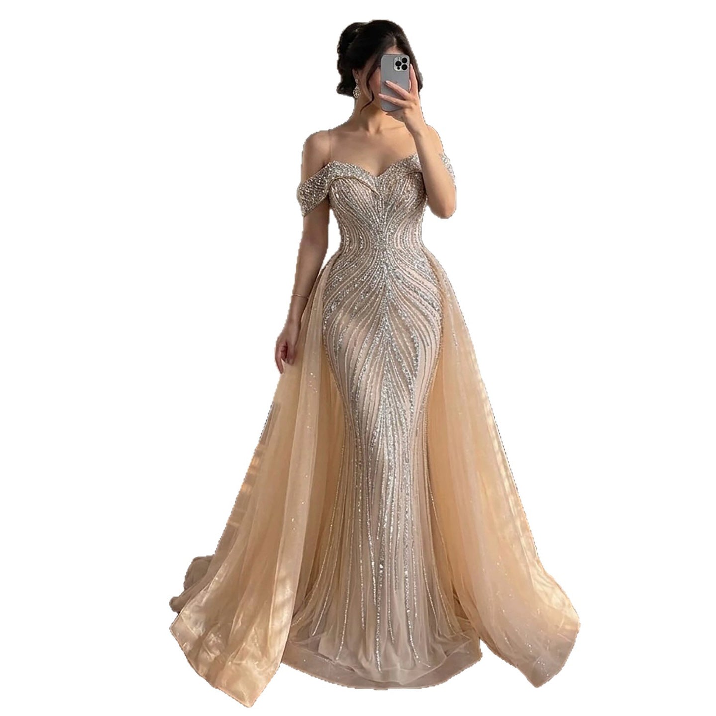 Luxury Nude Crystal Beaded Mermaid Dress with Overskirt CLA73710