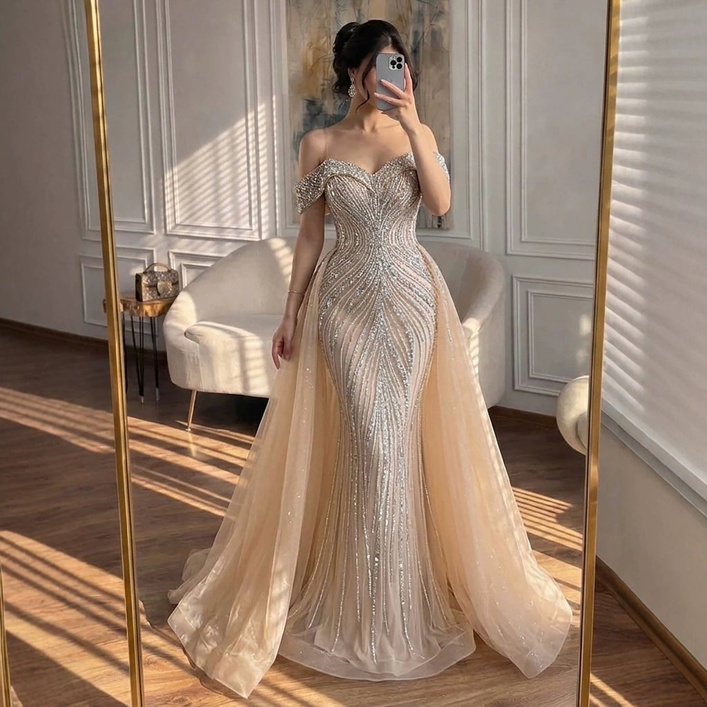 Luxury Nude Crystal Beaded Mermaid Dress with Overskirt CLA73710