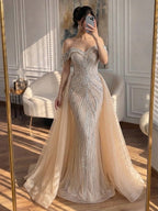 Luxury Nude Crystal Beaded Mermaid Dress with Overskirt CLA73710