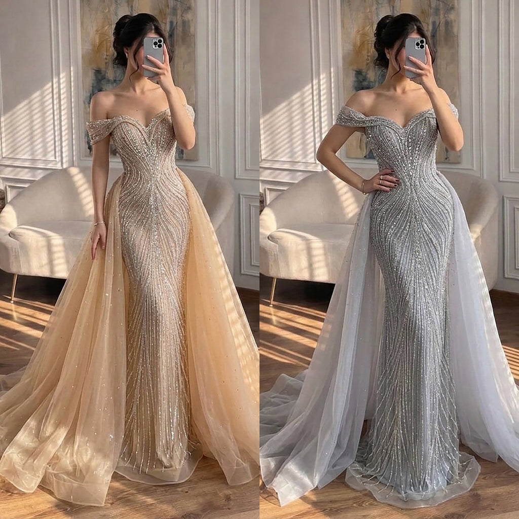 Luxury Nude Off Shoulder Crystal Beaded Mermaid Dress CLA73710A