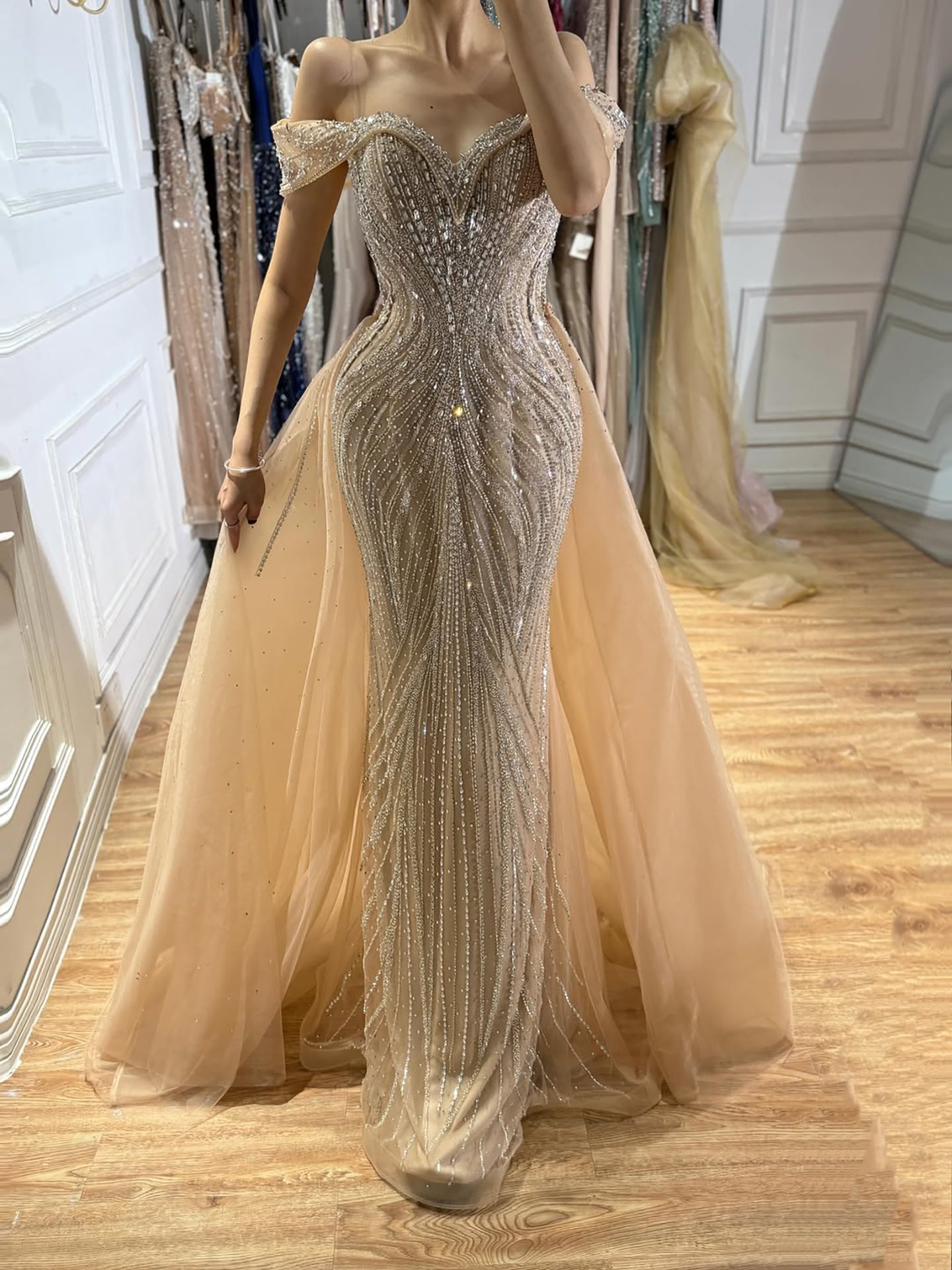 Luxury Nude Off Shoulder Crystal Beaded Mermaid Dress LA73710A