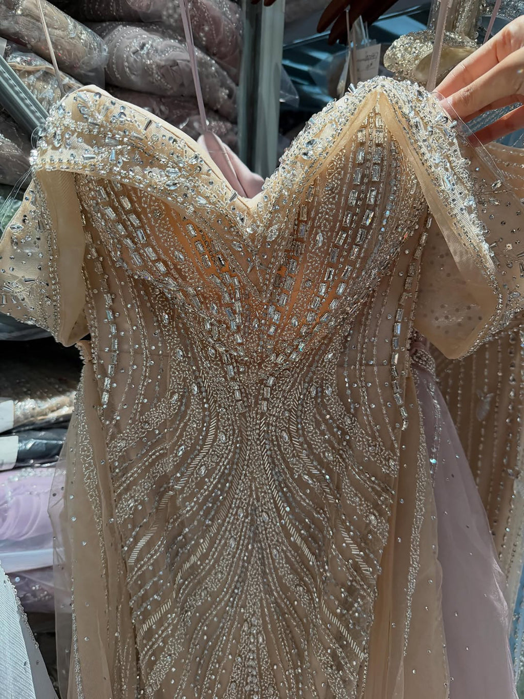 Luxury Nude Off Shoulder Crystal Beaded Mermaid Dress LA73710A