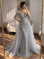 Luxury Nude Off Shoulder Crystal Beaded Mermaid Dress CLA73710A