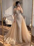 Luxury Nude Off Shoulder Crystal Beaded Mermaid Dress LA73710A
