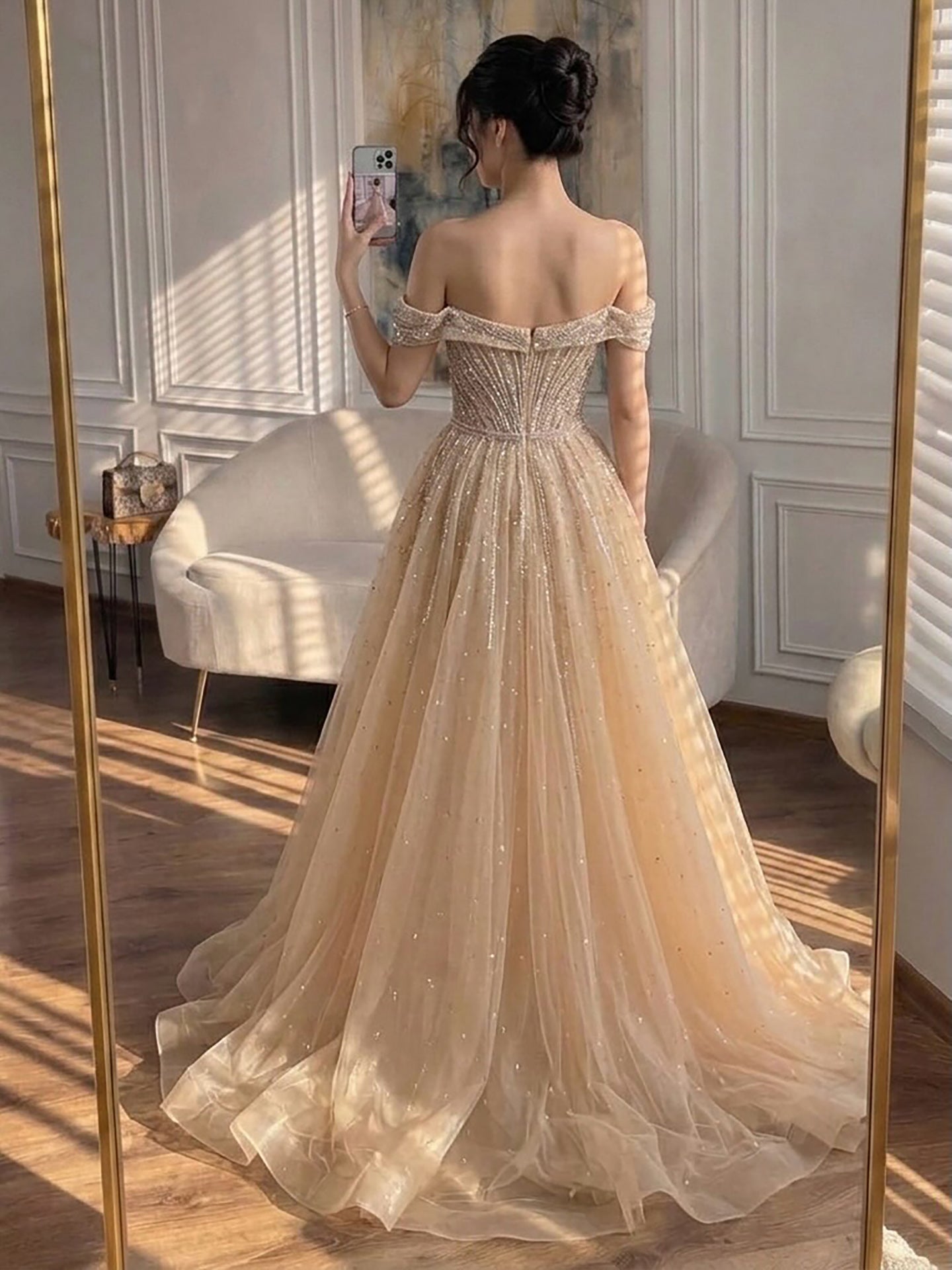 Luxury Nude Off Shoulder Crystal Beaded Mermaid Dress LA73710A