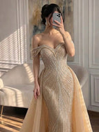 Luxury Nude Off Shoulder Crystal Beaded Mermaid Dress LA73710A