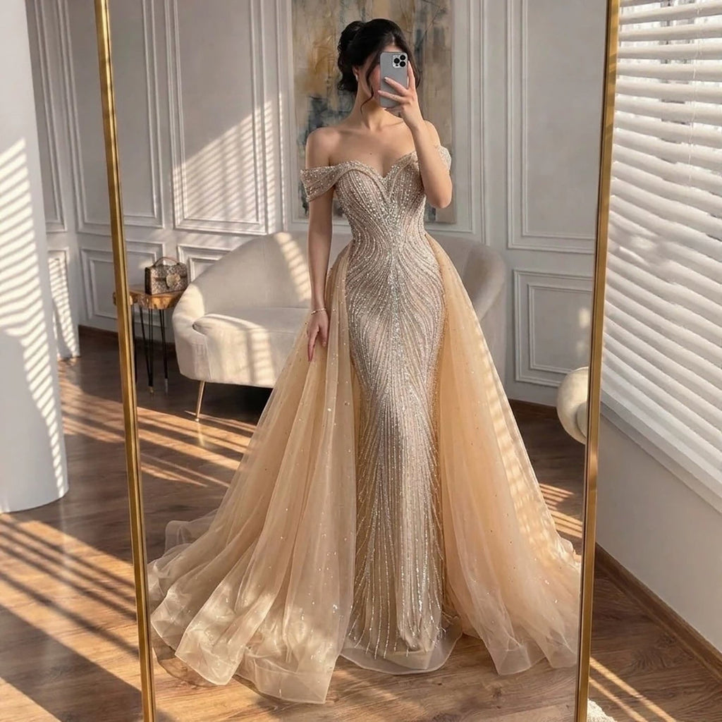 Luxury Nude Off Shoulder Crystal Beaded Mermaid Dress LA73710A