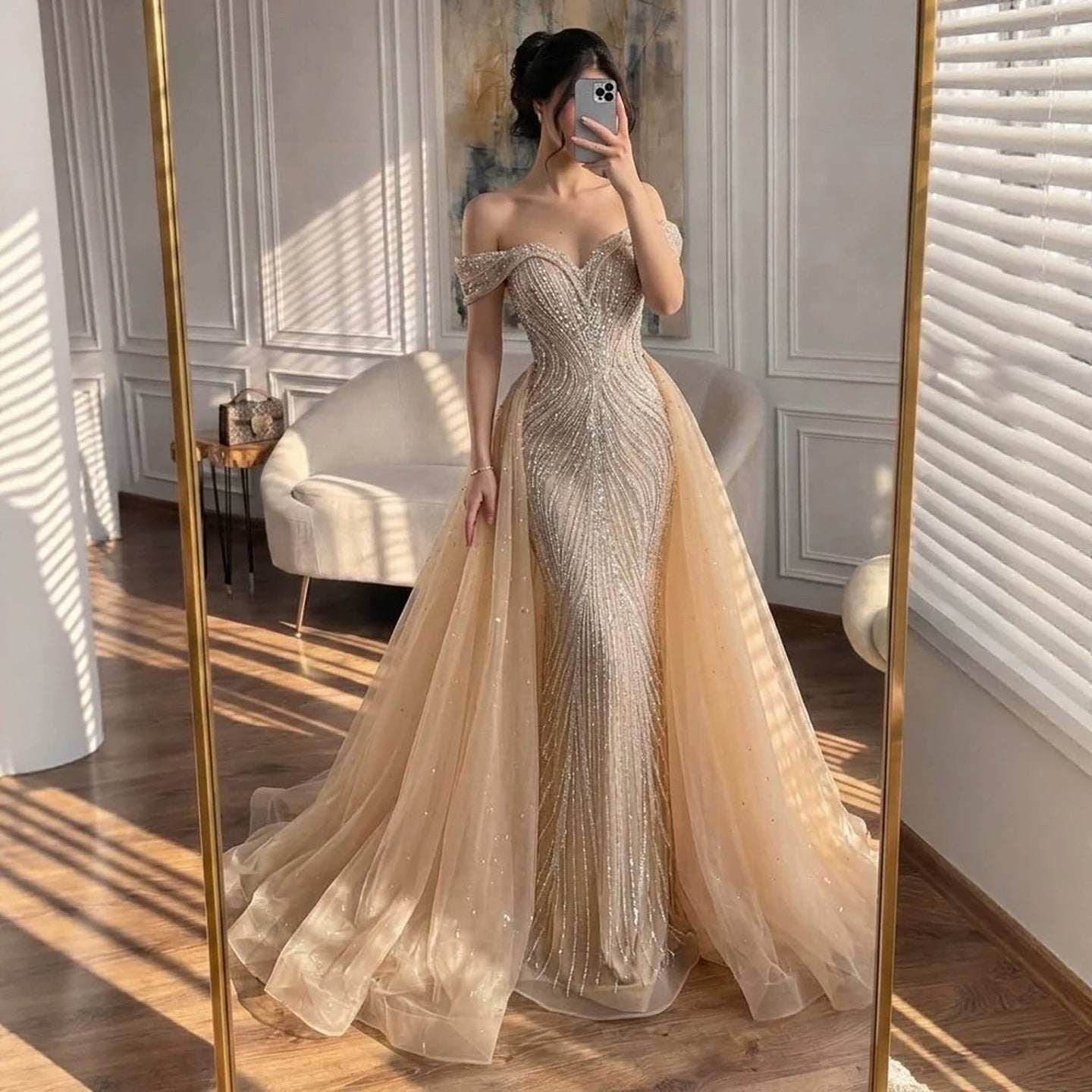 Luxury Nude Off Shoulder Crystal Beaded Mermaid Dress LA73710A