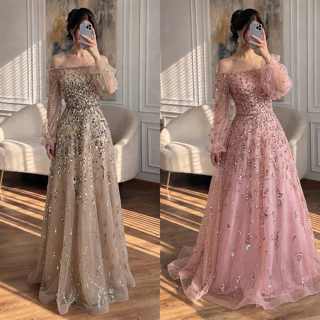 Luxury Pink Sequin Off Shoulder Tulle A Line Evening Dress CLA73711