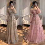 Luxury Pink Sequin Off Shoulder Tulle A Line Evening Dress CLA73711
