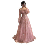 Luxury Pink Sequin Off Shoulder Tulle A Line Evening Dress CLA73711