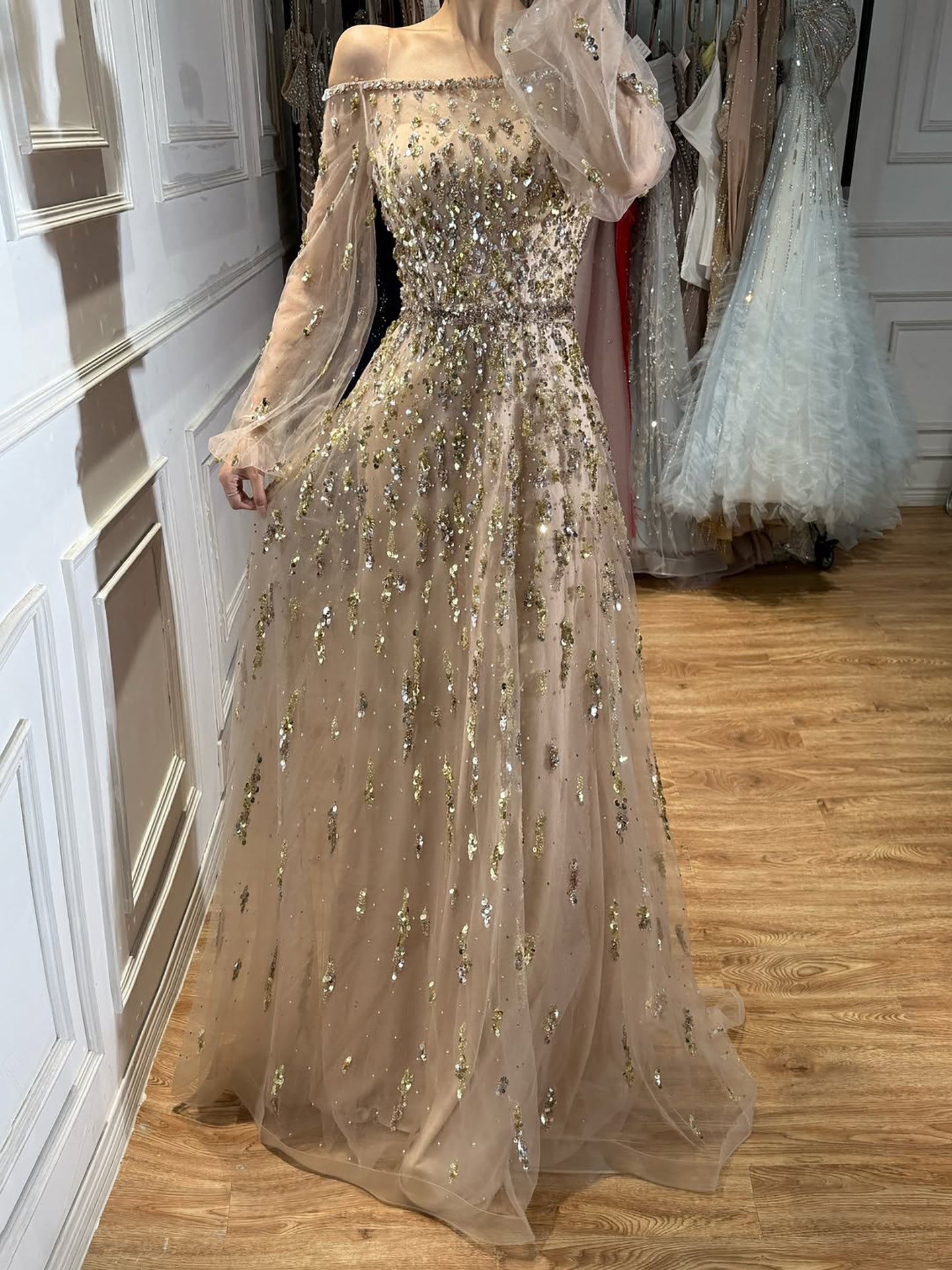 Luxury Pink Sequin Off Shoulder Tulle A Line Evening Dress CLA73711