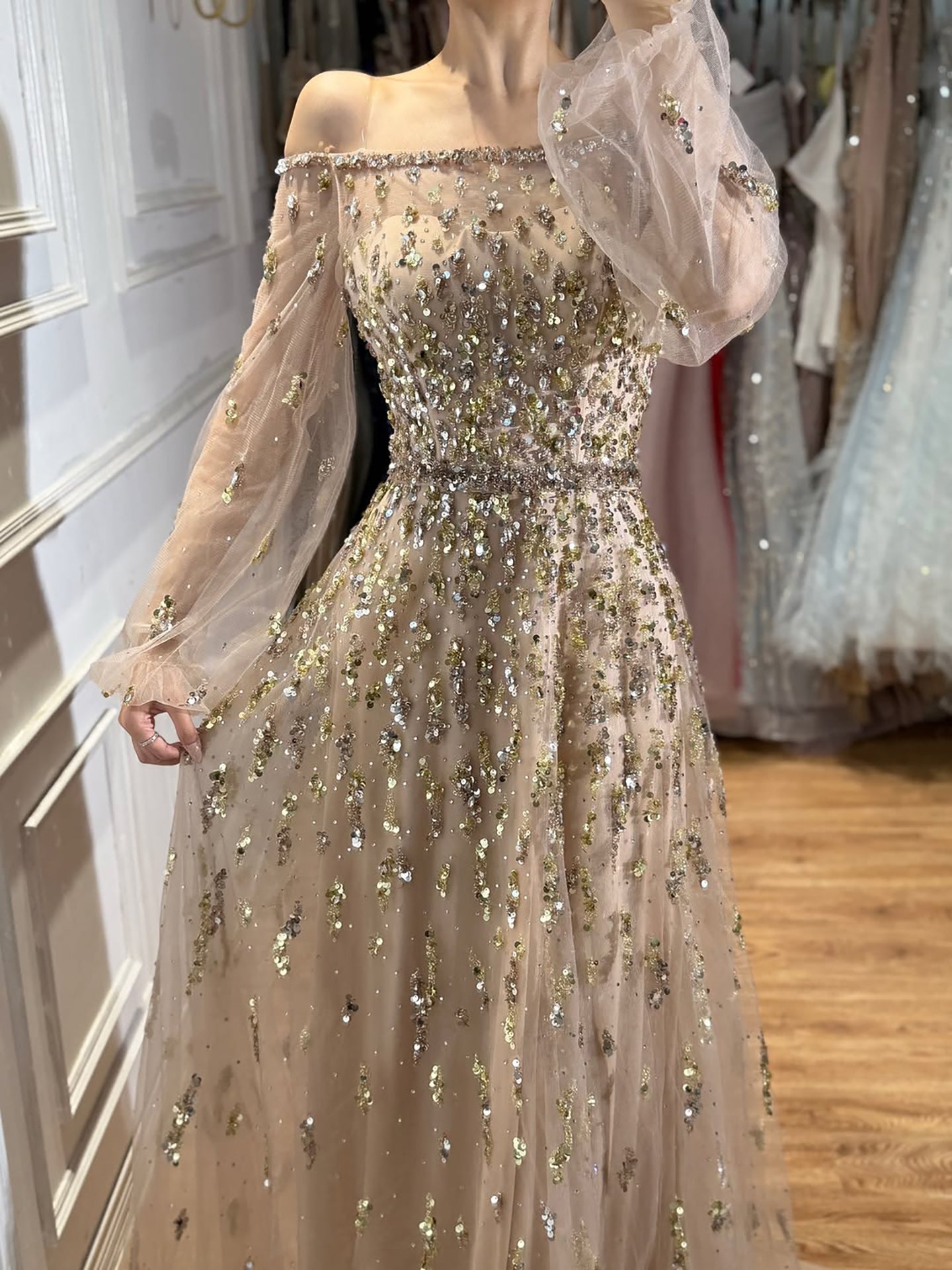 Luxury Pink Sequin Off Shoulder Tulle A Line Evening Dress CLA73711
