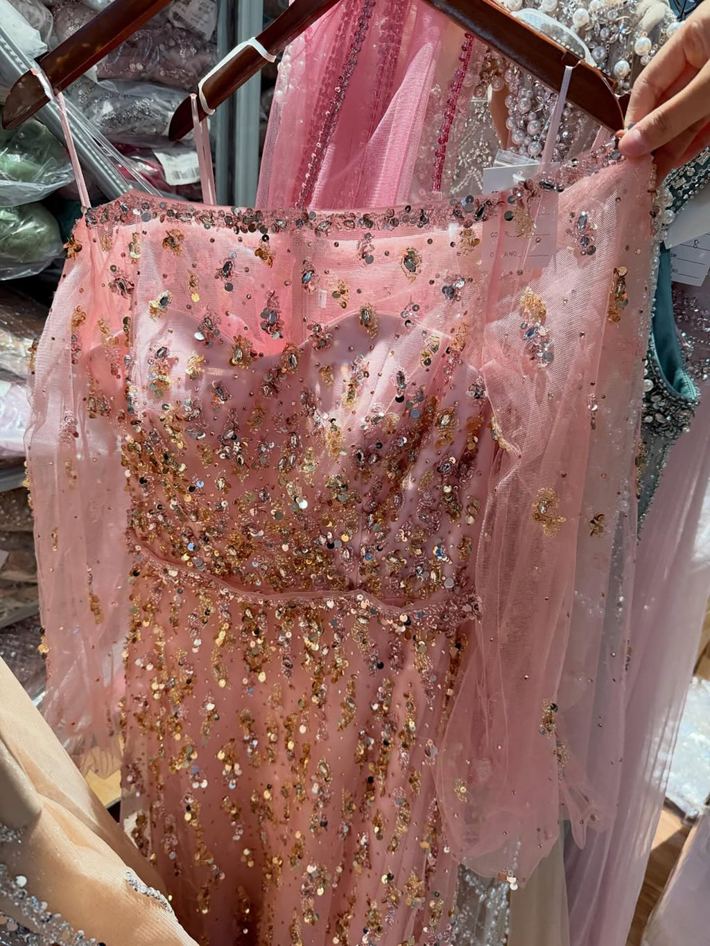 Luxury Pink Sequin Off Shoulder Tulle A Line Evening Dress CLA73711