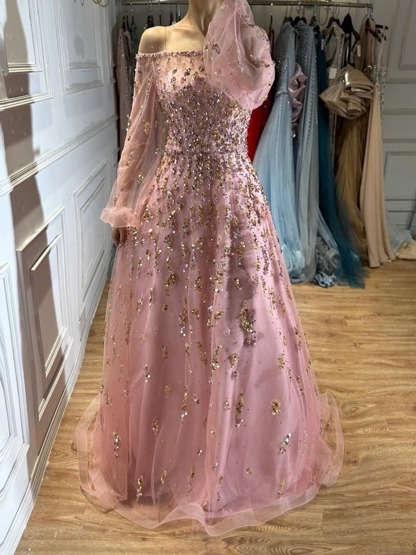 Luxury Pink Sequin Off Shoulder Tulle A Line Evening Dress CLA73711
