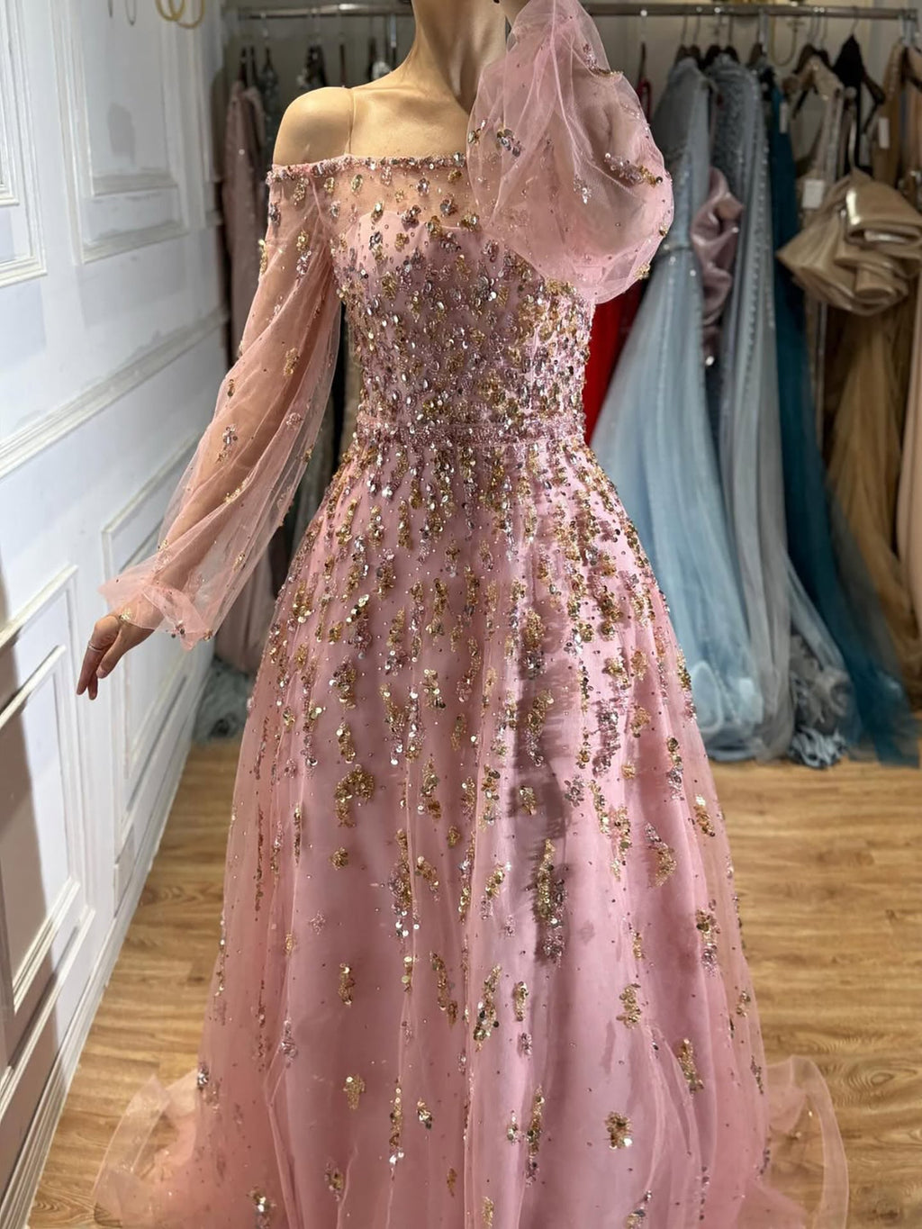 Luxury Pink Sequin Off Shoulder Tulle A Line Evening Dress CLA73711