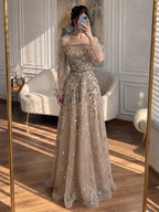 Luxury Pink Sequin Off Shoulder Tulle A Line Evening Dress CLA73711