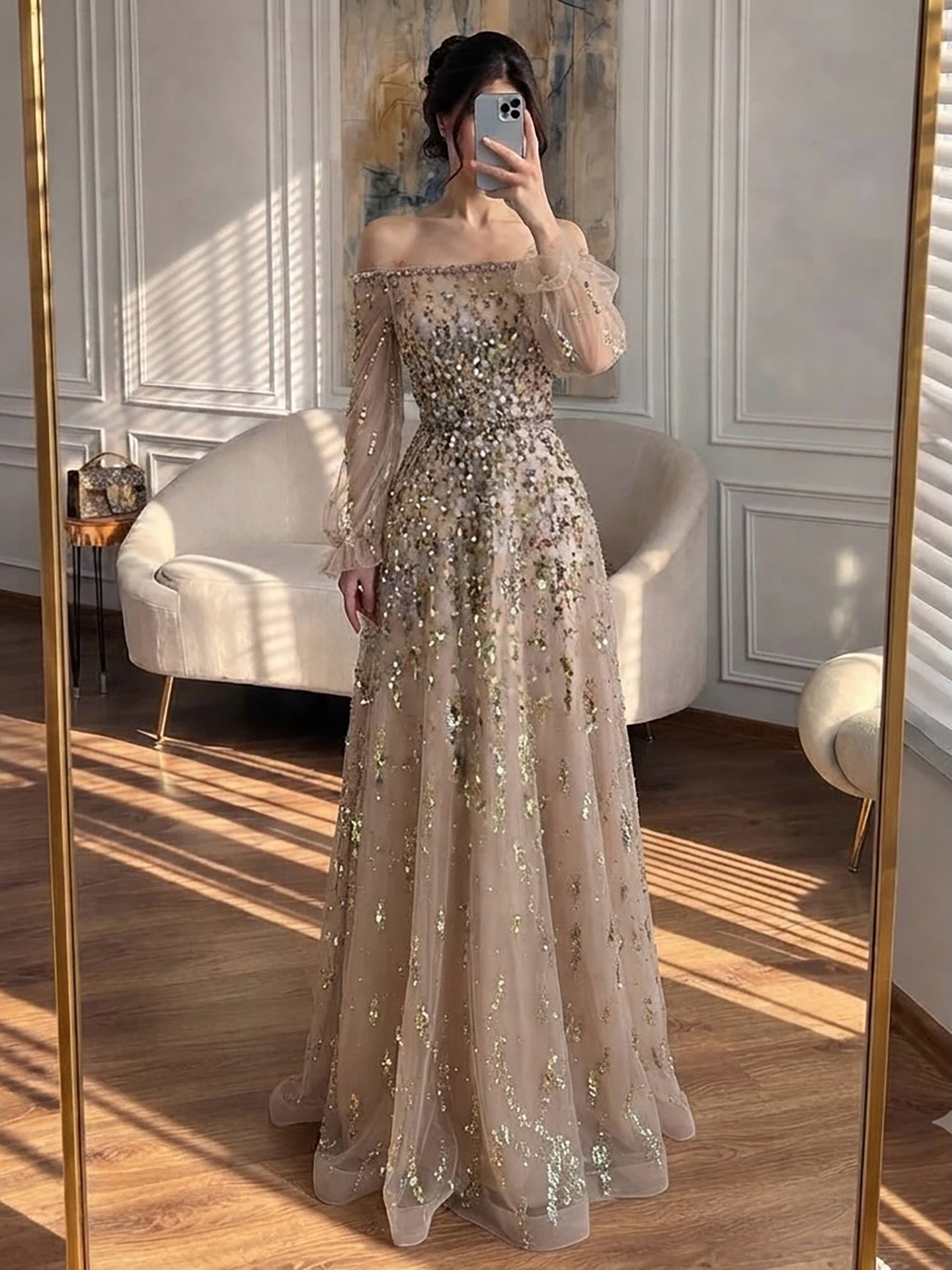 Luxury Pink Sequin Off Shoulder Tulle A Line Evening Dress CLA73711