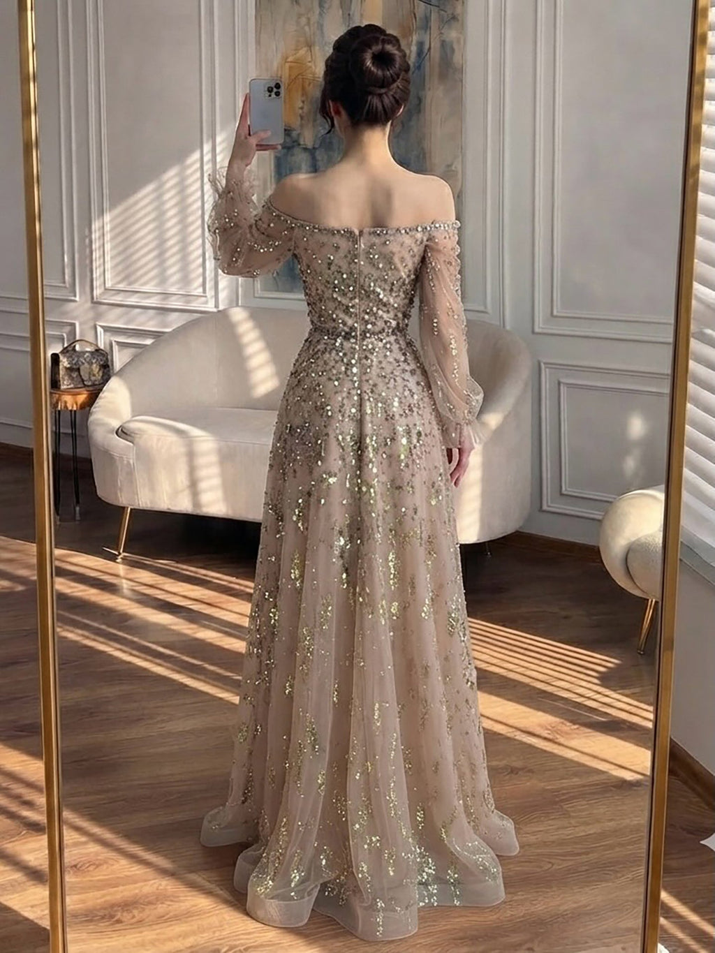 Luxury Pink Sequin Off Shoulder Tulle A Line Evening Dress CLA73711