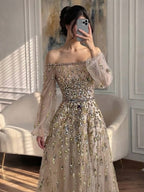 Luxury Pink Sequin Off Shoulder Tulle A Line Evening Dress CLA73711